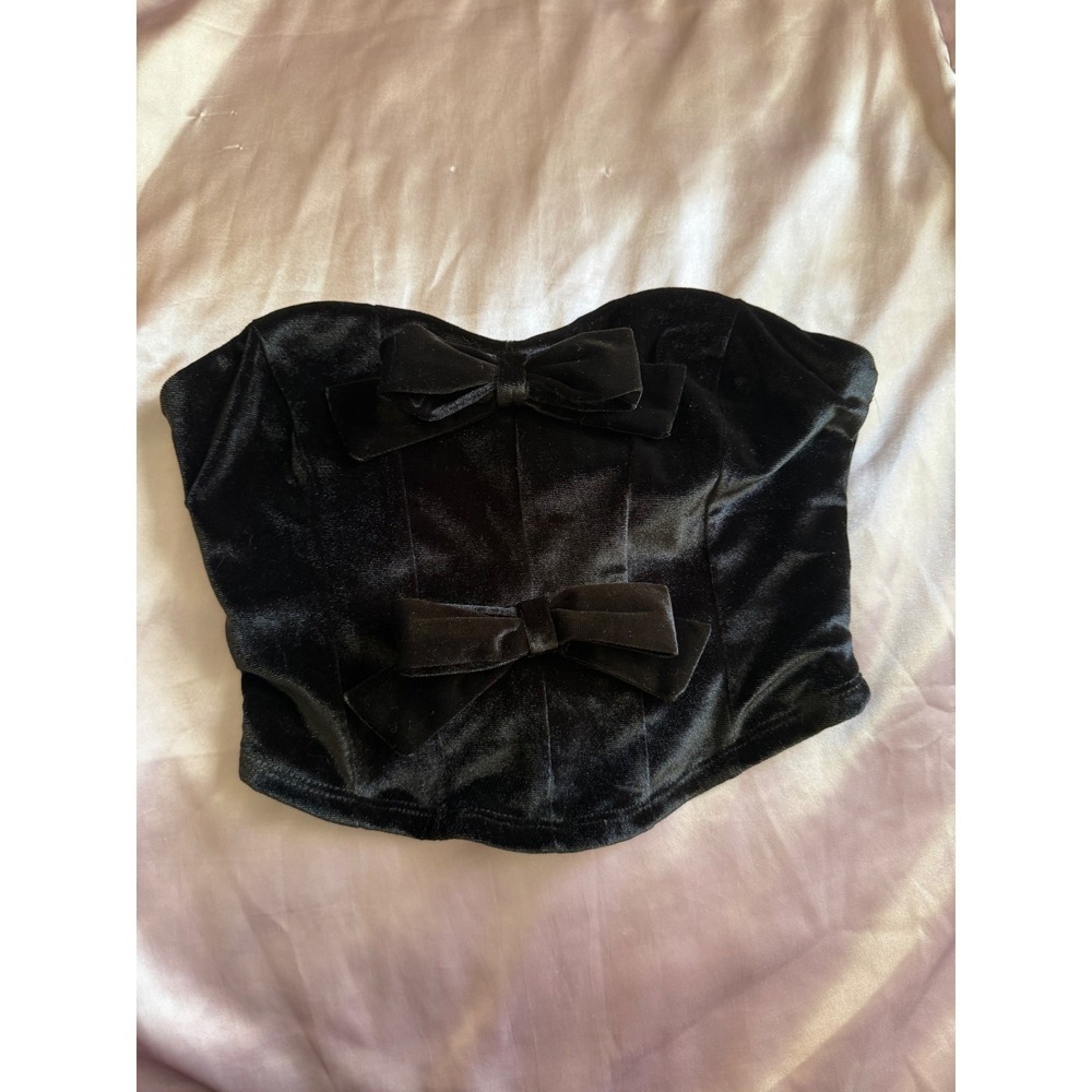 Originality La La Land Black Velvet Bow Corset Strapless Crop Top XS NWT